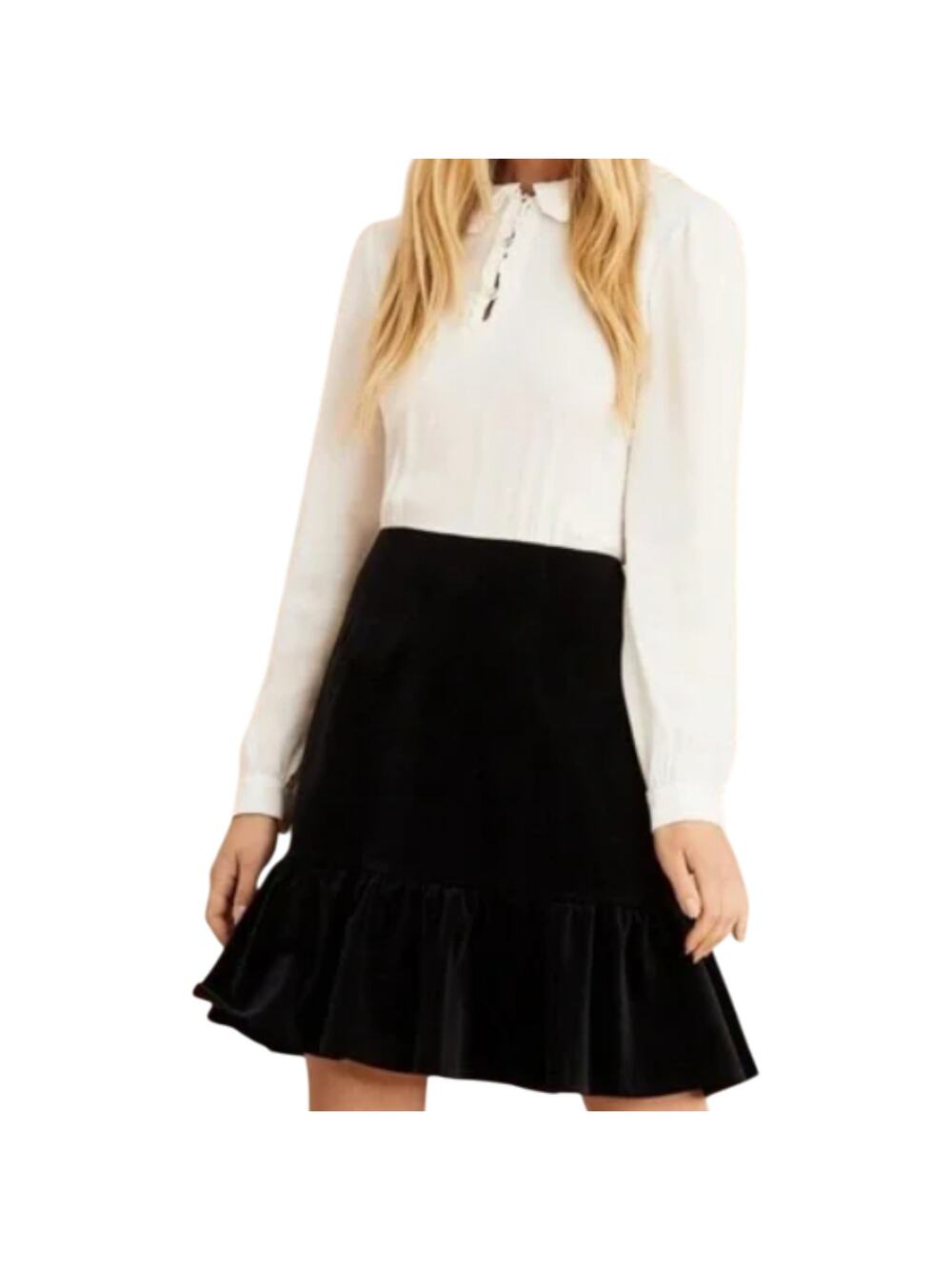 Brooks Brothers White Crepe Ruffle Black Velvet Flounce Shirt Dress